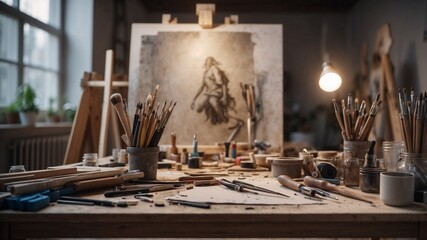 Obraz premium An artist’s studio setup, with tools focused in the foreground and a blurred backdrop of unfinished artworks
