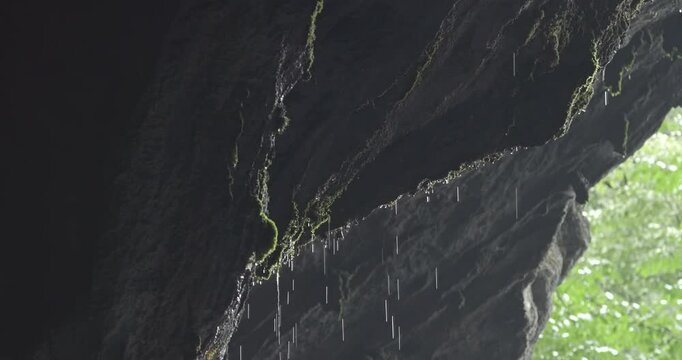 The water drops in the cave, natural water dripping in the cave, close-up detail