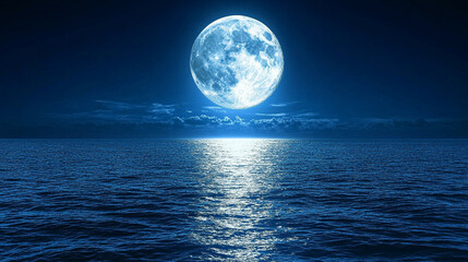 bright moonlight reflects on calm ocean waters, creating a serene and peaceful atmosphere, symbolizing tranquility, nature's beauty, and the harmony between sky and sea