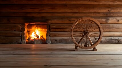 Obraz premium Spinning Wheel by Fireplace Cabin