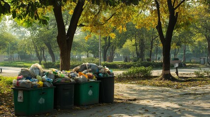 Fototapeta premium 32.Multiple large plastic bags filled with garbage are piled next to several waste bins, set against a natural green background. The scene highlights the impact of improper waste disposal on the