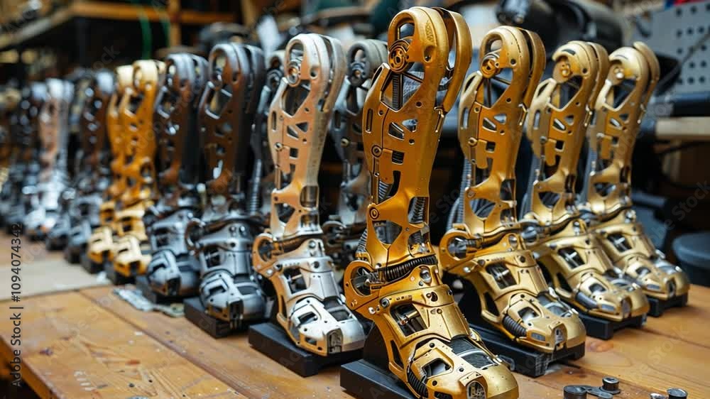 Poster A row of meticulously crafted mechanical prosthetic limbs is arranged in a workshop, highlighting advanced technology and skilled craftsmanship in rehabilitation devices.