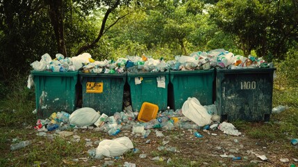 35.A collection of overflowing trash bins surrounded by plastic waste bags, set against a natural backdrop of grass and trees. The juxtaposition between nature and waste pollution highlights the