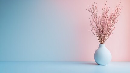 Obraz premium A minimalist vase with dried branches sits on a smooth surface, creating a serene and modern aesthetic against a soft gradient background.