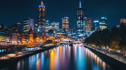 Close up view of Melbourne City and Yarra River at night. Ai generated image