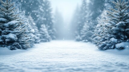 Fototapeta premium A cozy winter background with snowy fir trees, set under a crisp blue sky, with a central blank space perfect for a Merry Christmas and Happy New Year greeting card 