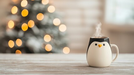 A cute penguin-shaped mug sits on a wooden table, with steam rising from it, against a softly blurred Christmas tree backdrop.