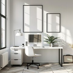 Fototapeta premium A white office with a desk and chair, a computer monitor, and a plant