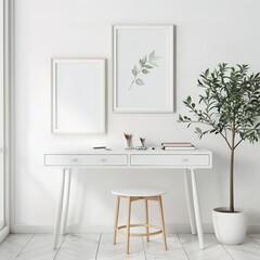 A white desk with a potted plant and a framed leaf on it