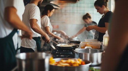 A community kitchen bustling with volunteers preparing meals, Symbolizing solidarity in addressing food insecurity, photography style