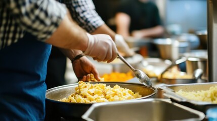 A community kitchen serving meals to homeless individuals, Highlighting compassion and support for vulnerable populations, photography style