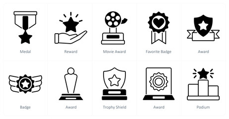 A set of 10 award icons as medal, reward, movie award, favorite badge