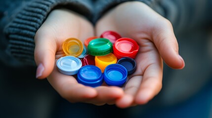 70.A close-up of a woman&acirc;&euro;&trade;s hand gripping a small collection of plastic bottle caps, with the intention of recycling them. The image highlights the responsibility of individuals to take part in