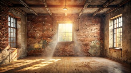 Sunlit Empty Industrial Space with Brick Walls and Wooden Floor