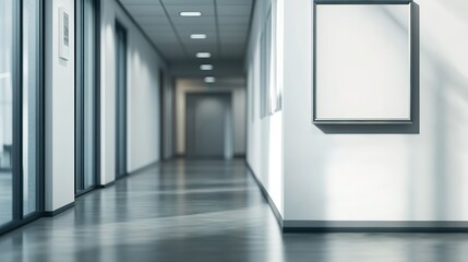 A long hallway with a white wall and a white poster on it