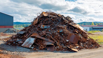 81.A large pile of scrap metal at a construction site, ready for recycling. The heap includes various rusted steel beams, twisted metal rods, and industrial debris, representing responsible waste