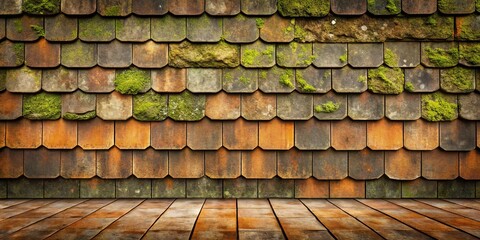Rustic Wooden Floor with Aged Mossy Shingle Wall Background