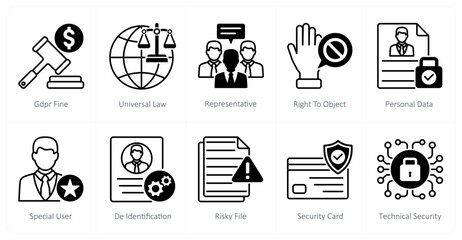 A set of 10 gdpr icons as gdpr fine, universal law, representative