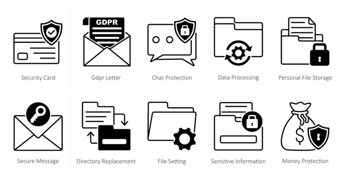 A set of 10 gdpr icons as security card, gdpr letter, chat protection