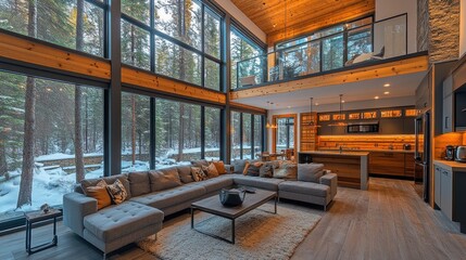 Modern Cabin Living Room with Stunning Forest View