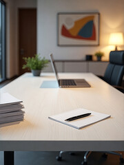 Desk with laptop, pen, and stack of papers