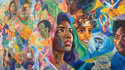 Fototapeta premium A community mural project where artists of different races and backgrounds collaborate to depict themes of unity and social justice, Transforming public spaces into symbols of diversity and inclusion