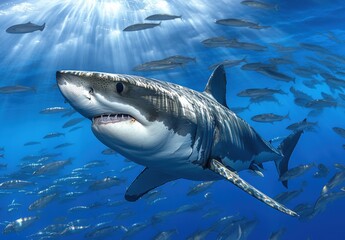 Powerful Great White Shark Swimming Gracefully Through Crystal Clear Ocean Waters Surrounded by Schools of Fish Under Sunlit Surface