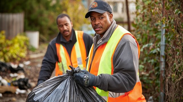 88.Two volunteers wearing safety vests and gloves, carrying a large garbage bag as they sort through litter. Their expressions show determination as they work to clean up their community and promote