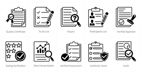 A set of 10 survey icons as quality ceritificate, to do list, inquiry