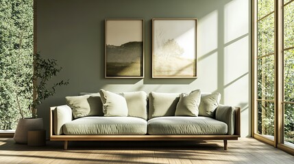 Fototapeta premium A living room with a couch and two framed pictures on the wall