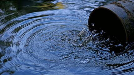 91.A large pipe discharging wastewater into a river, creating ripples in the polluted water. The image highlights the environmental contamination caused by untreated sewage entering natural waterways.