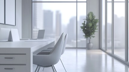 A white office with a large window and a potted plant