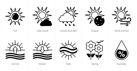 A set of 10 weather icons as sun, little cloud, cloudy and rain