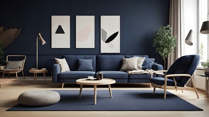 A recliner chair and a dark blue sofa in a Scandinavian apartment. The modern living room's interior design. made using generative