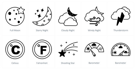 A set of 10 weather icons as full moon, starry night, cloudy night