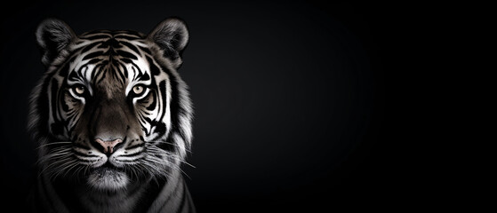 Obraz premium A striking black-and-white portrait of a tiger, showcasing its majestic features, with ample copyspace for text or branding.