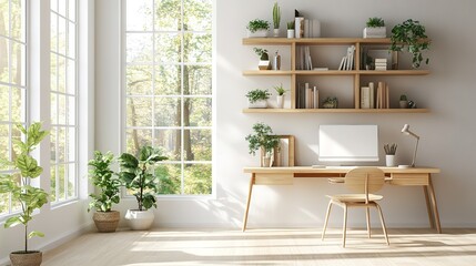 A clean and organized office space with a large window and a wooden desk