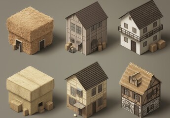 Six Unique 3D Rendered Buildings Including Haystack, Simple House, and Traditional Cottage Perfect for Architectural Visualization and Game Design Projects