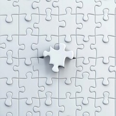White Puzzle Piece Surrounded by Other Interlocking Pieces on a Smooth Surface, Symbolizing Unity, Completion, and Problem Solving in Abstract Design