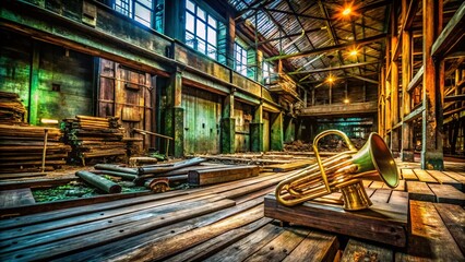 Fototapeta premium Urban Exploration of Abandoned Spaces with Timber and Brass Elements, Capturing the Beauty of Decay and the Charm of Industrial Design in Stunning Detail for Stock Photography