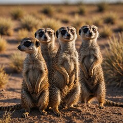 A family of meerkats standing upright and scanning the horizon in a dry savannah.