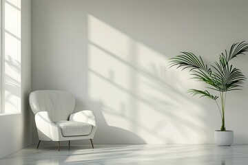 A white chair is sitting in front of a window with a potted plant in the corner