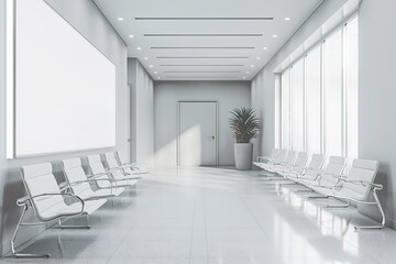 A large room with white walls and white chairs