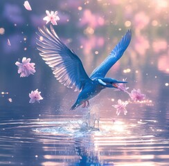 Fototapeta premium Vibrant Kingfisher in Flight Amidst Blossoms Over a Serene Water Surface Reflecting Lush Colors in a Dreamlike Nature Scene Captivating Light and Textures