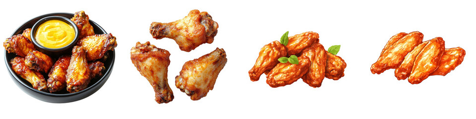 Fototapeta premium Flat style illustration of fried chicken wings isolated on white background. Collection Set png.