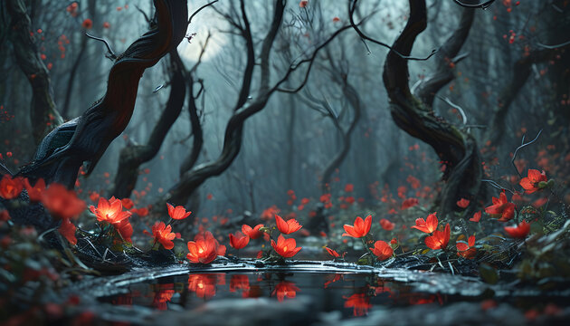 Enchanted Forest with Red Flowers