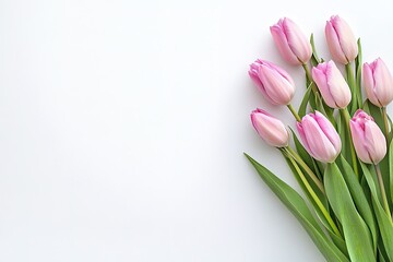 Fototapeta premium A bouquet of pink tulips is arranged in a vase on a white background