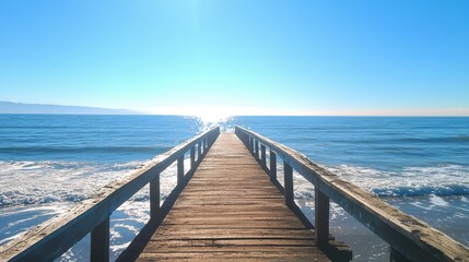 Fototapeta premium A serene wooden pier extends into a calm ocean under a bright blue sky.