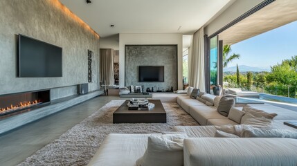 Fototapeta premium Illustration of spacious villa interior with cement wall effect. Ai generated image