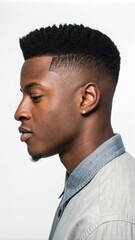 Obraz premium Trendy afro fade hairstyle on young man in stylish outfit
